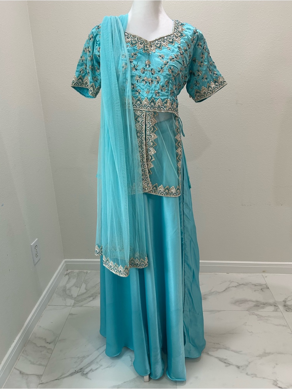 Dupatta Lehenga Sari 3 Piece Turquoise Embroidered Traditional Women's Set
